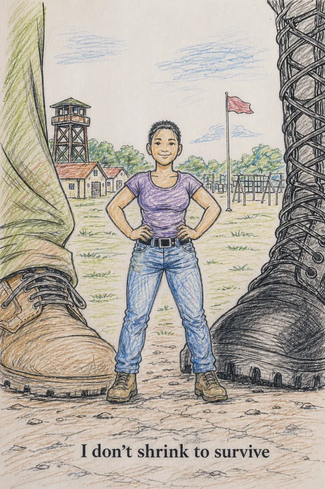 A woman stands confidently between two oversized boots at an outdoor training ground.