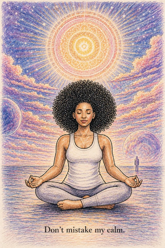 A woman sits beneath a radiant gold mandala, surrounded by purple clouds and celestial spheres.