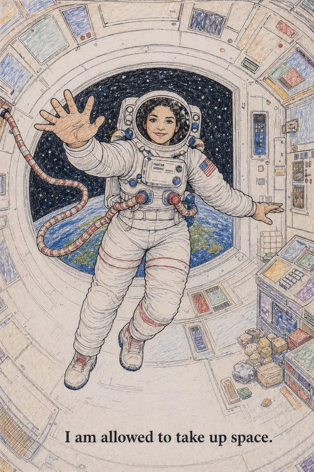 A woman in a spacesuit floats inside a capsule, reaching forward with Earth and stars beyond the hatch.
