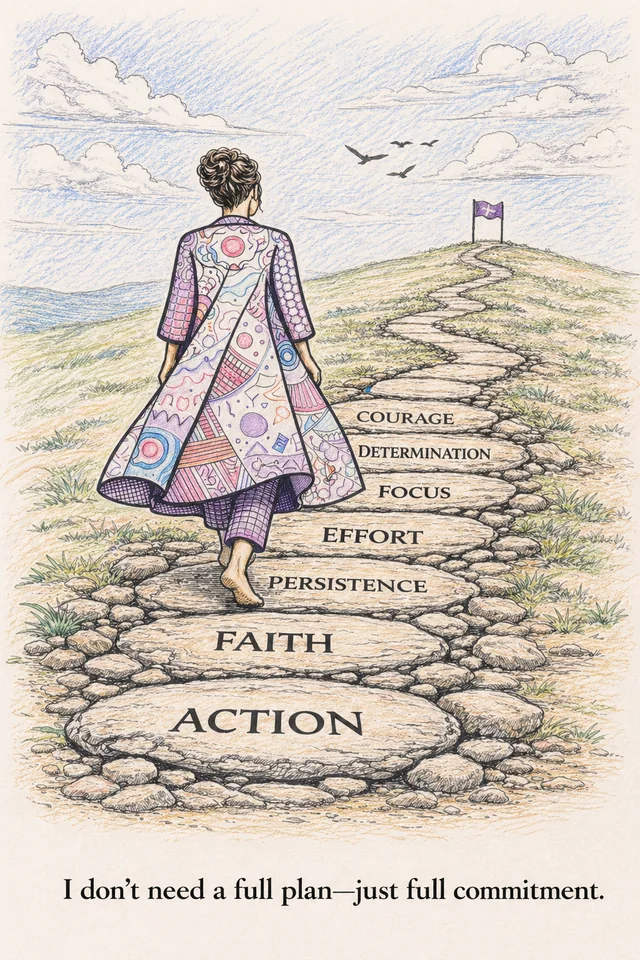 A barefoot woman in a patterned coat follows stepping stones marked Action, Faith, Persistence, Effort, Focus, Determination, and Courage toward a flag.