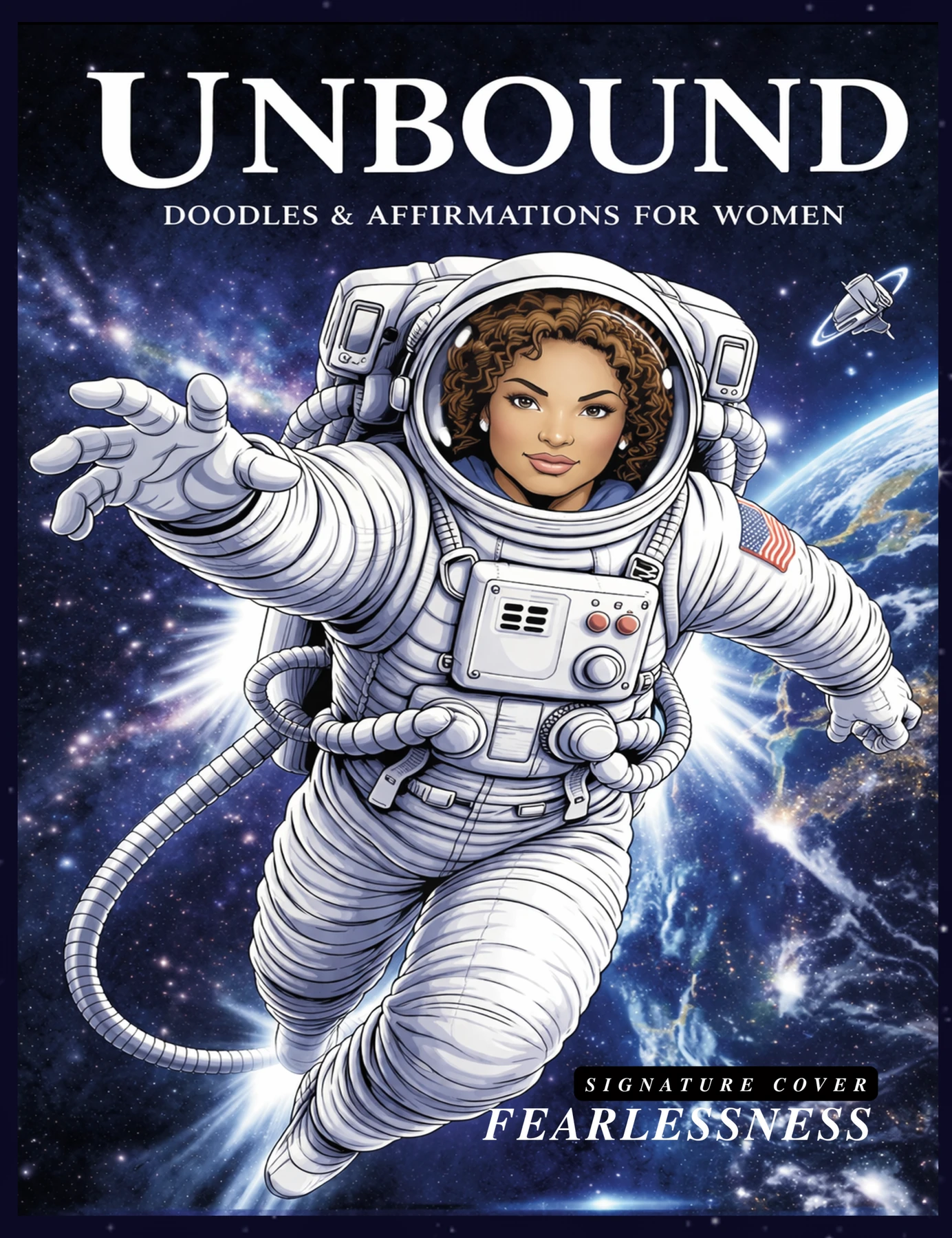 UNBOUND Fearlessness Signature Cover: a woman astronaut floating above Earth in a deep blue field of stars.