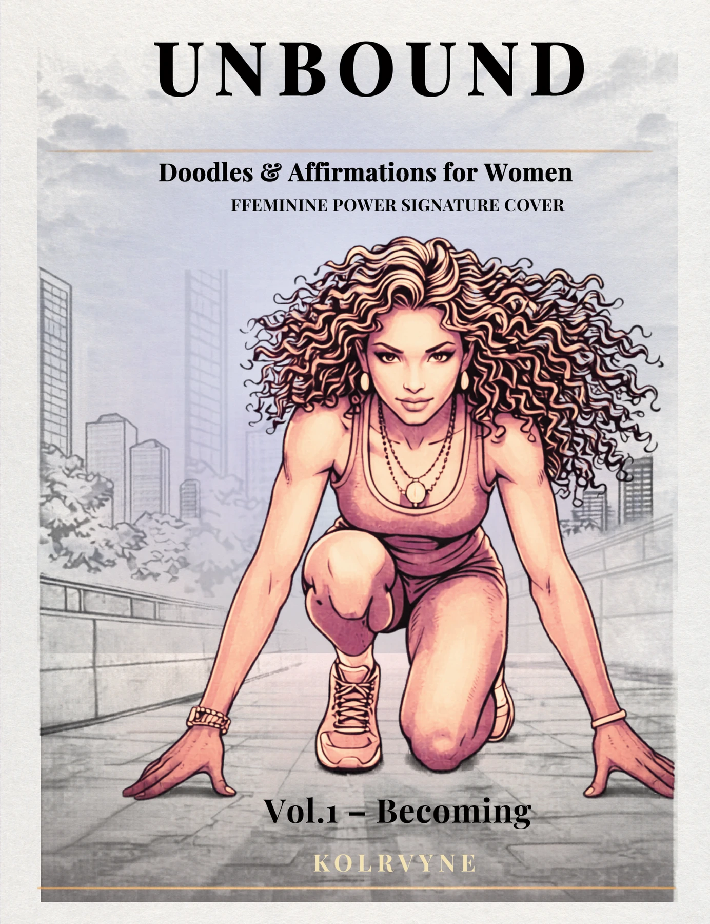 UNBOUND Feminine Power Signature Cover: a woman poised at a starting line against a softly colored city skyline.